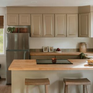A modern kitchen with light wood countertops and island.